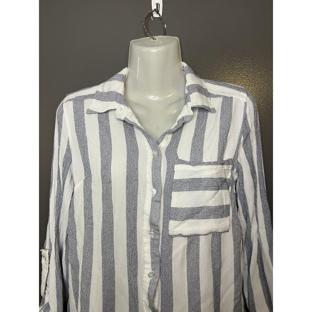 T Tahari Shirt Womens XS Blue White Stripe Button Front Roll Tab Sleeve Top